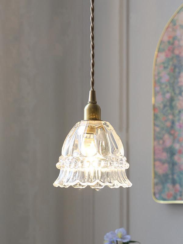 Franse Landelijke Hanglamp Glazen Kap Kwallen Design Transparant of Amber met Walnoot Greep Sfeerverlichting Eetkamer Elegante Plafondlamp | Sansoti
