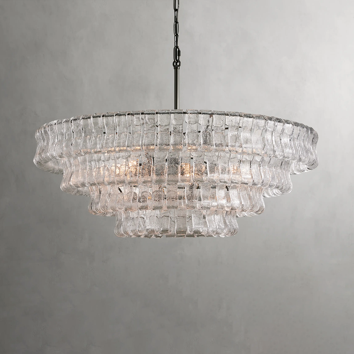 Lustre rond en verre texturé avec structure métallique multicouche À intensité variable et réglable 60-152cm pour salon | Sansoti