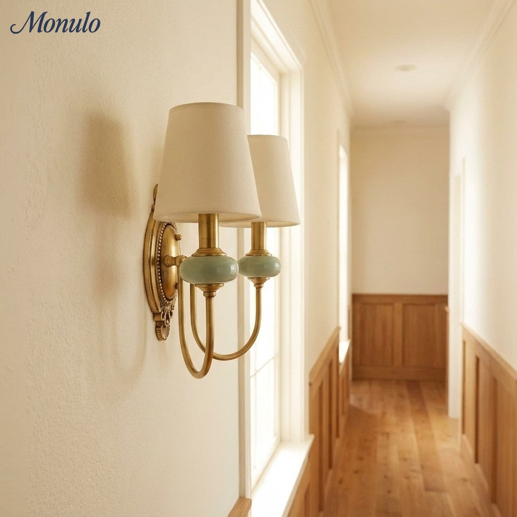 Keramische wandlamp met stoffen kap - 1 of 2 lichtpunten - E27 - diverse kleuren & stijlen | Sansoti