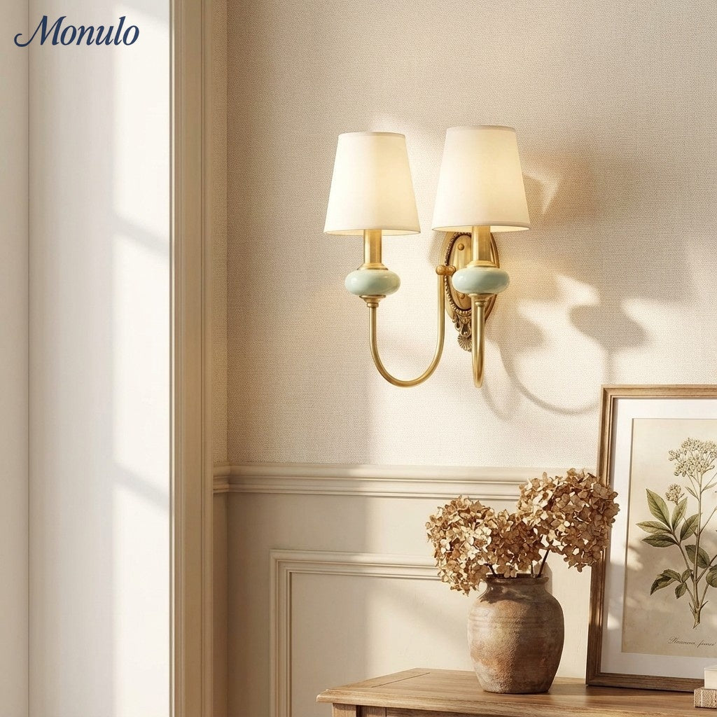 Keramische wandlamp met stoffen kap - 1 of 2 lichtpunten - E27 - diverse kleuren & stijlen | Sansoti
