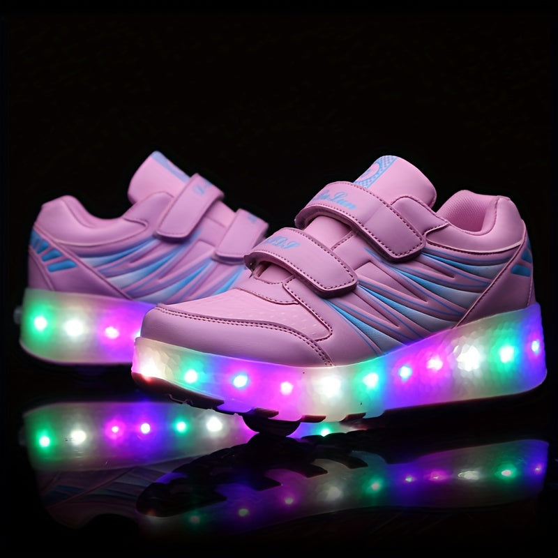 Roller sneakers kinderen LED kunstleer roze met wieltjes afneembaar schoenen skates lichtgevende kinderschoenen | Sansoti