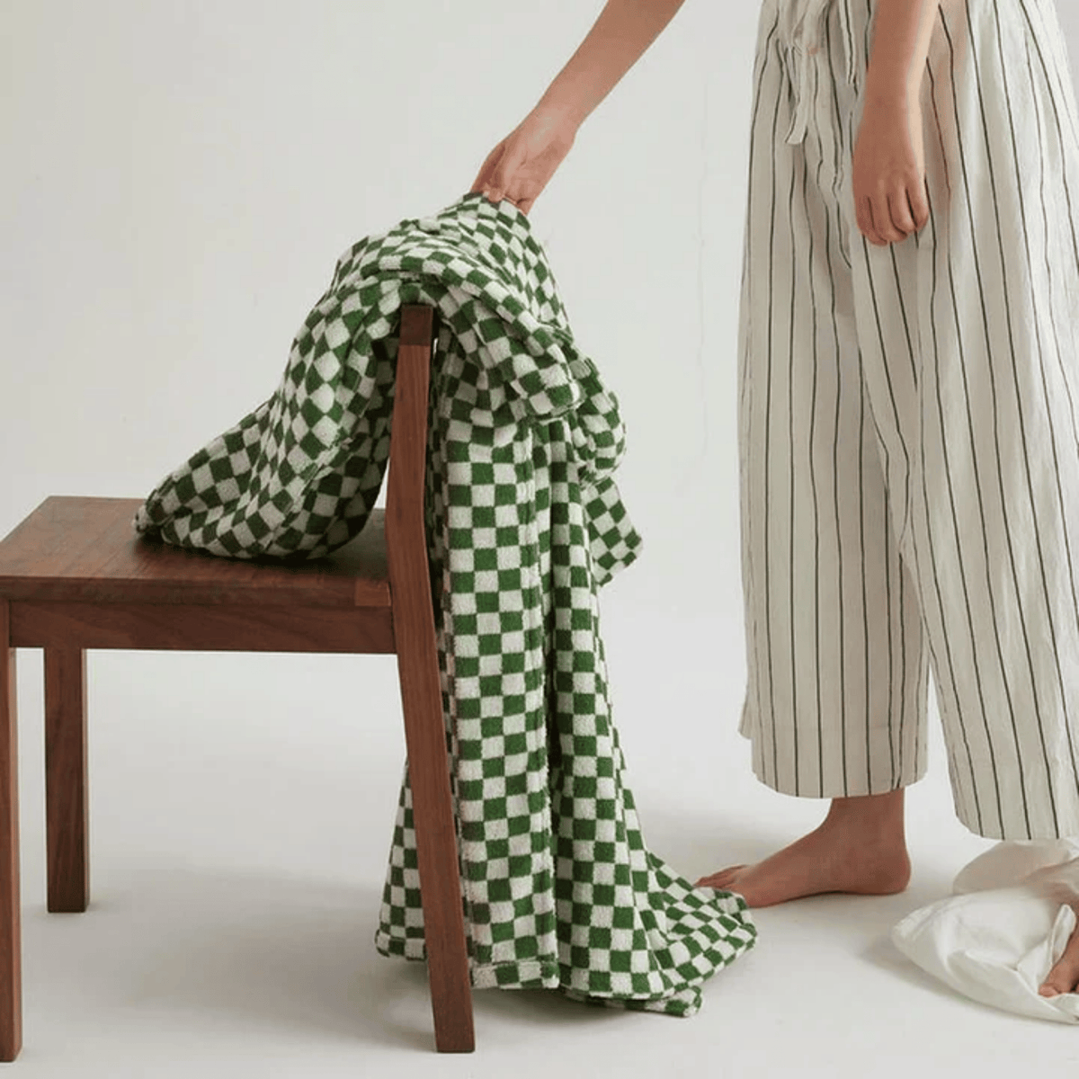 Organic Cotton Bathrobe with Checked Jacquard Weave Texture Green Yellow Loungewear Wellness Spa Women's | Sansoti