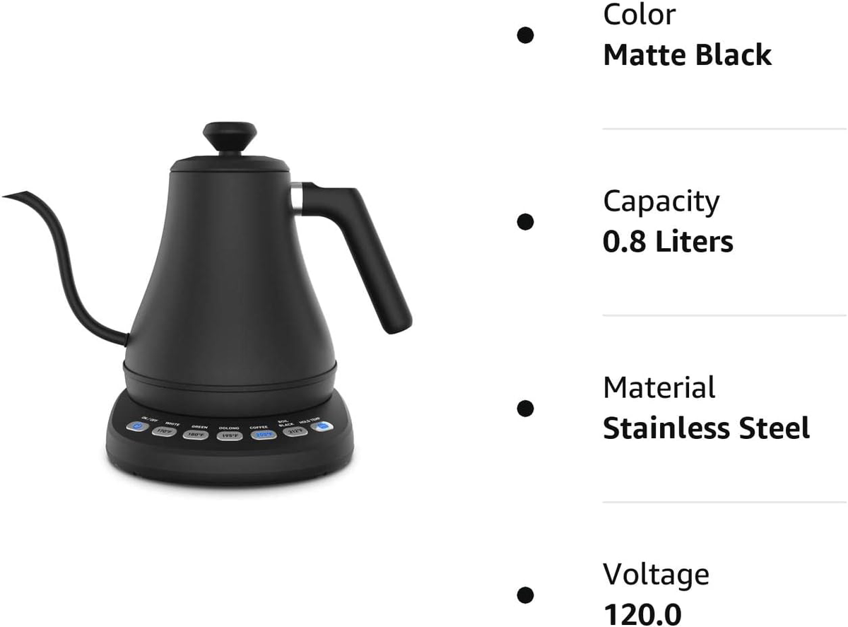 Electric Gooseneck Kettle 0.8L Stainless Steel Black with Precise Temperature Control for Perfect Tea & Coffee | Sansoti