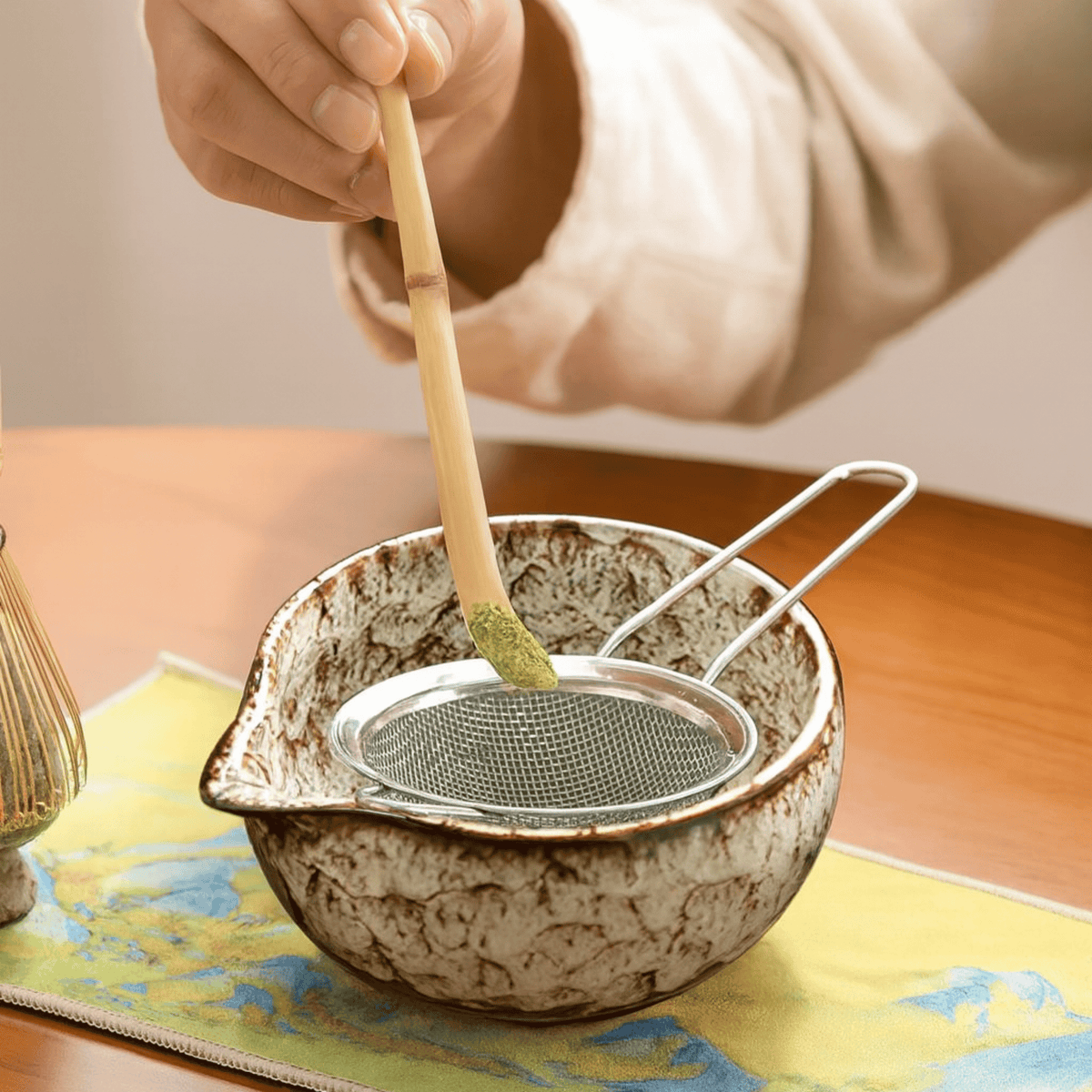 Japanese Matcha Tea Ceremony Set 6-Piece Porcelain Bamboo Bowl Whisk Sieve Spoon Holder Authentic Ritual | Sansoti