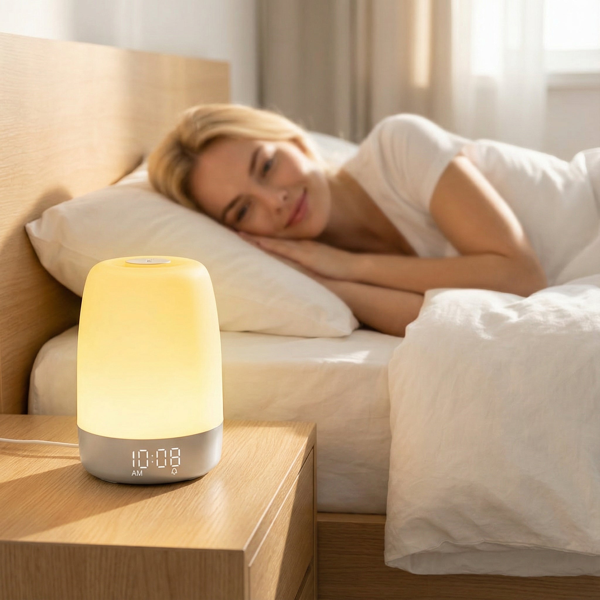 Wake-up Light mit Naturgeräuschen und Sonnenaufgangssimulation – Wiederaufladbare USB-C Nachttischlampe mit Dimmbar Warmem Licht | Sansoti
