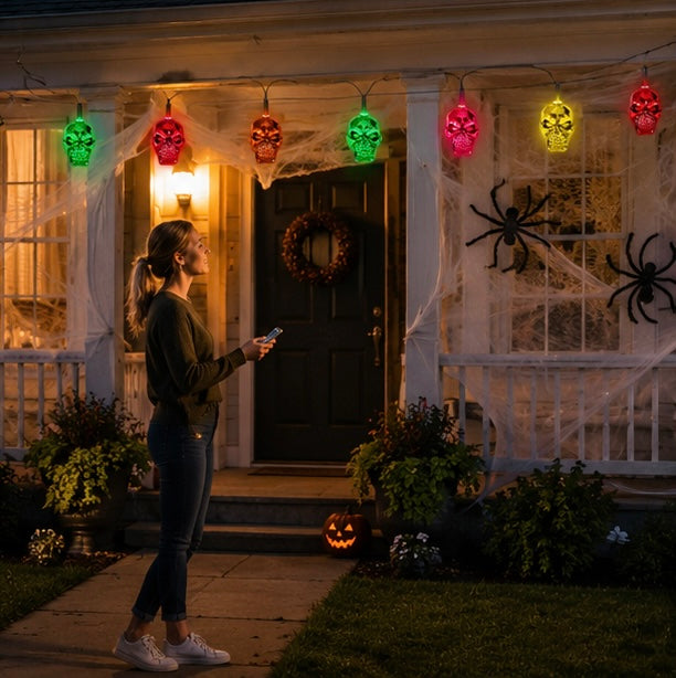 Carillon solaire à vent avec crânes, LED à changement de couleur, décoration suspendue pour jardin et terrasse, éclairage d'ambiance d'extérieur pour Halloween | Sansoti