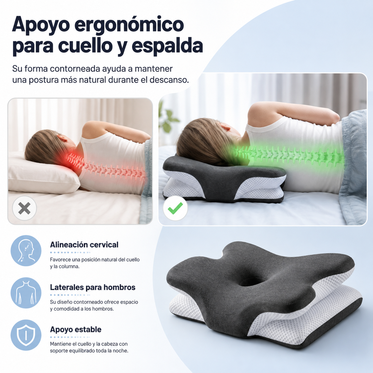 Oreiller cervical réglable en mousse à mémoire de forme, soutien ergonomique du cou, oreiller pour dormir sur le dos, le côté ou le ventre, housse lavable, confort | Sansoti