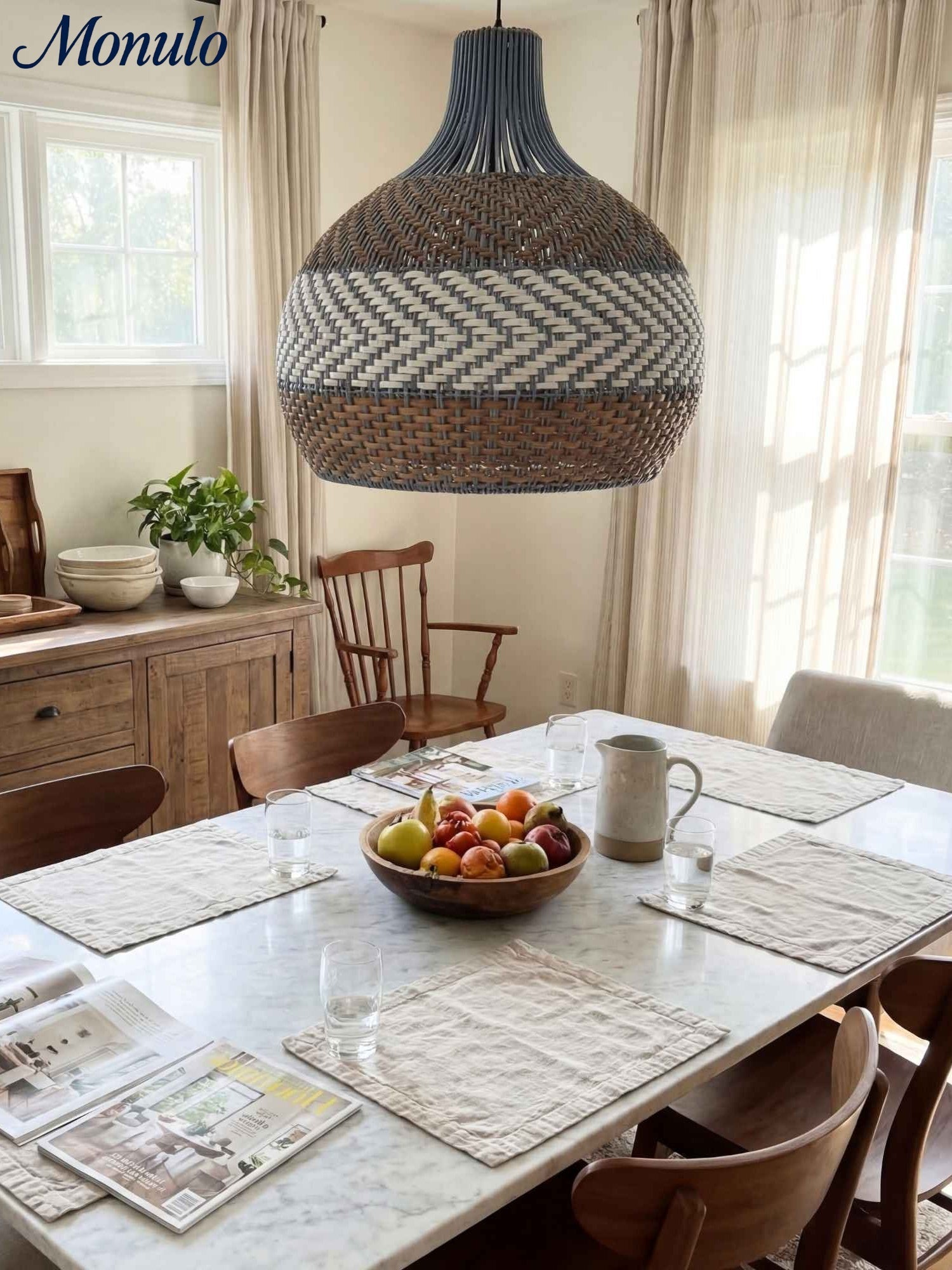 Handgeweven Rotan Hanglamp Blauw Vintage Kap Eetkamer Keuken Woonkamer Scandinavisch Lichtarmatuur | Sansoti