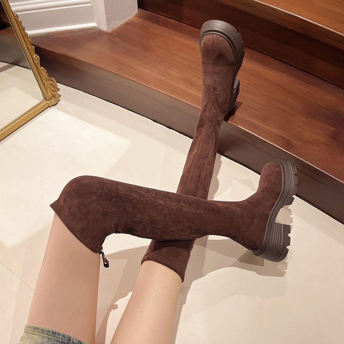 Women's Over-the-Knee Boots High Heel Winter Round Toe Leather Suede Classic Elegant Warm Comfortable Long Shaft | Sansoti