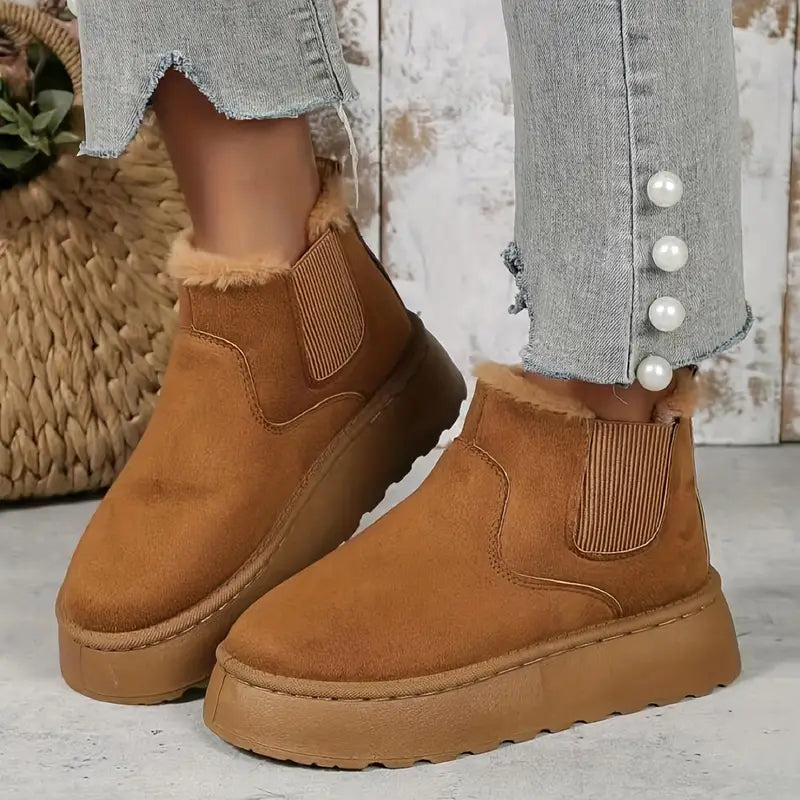 Fleece Slip-On Laarzen met Bontvoering Dames Platte Hak Ronde Neus Zachte Warme Winterlaarzen Beige Bruin Grijs Zwart | Sansoti