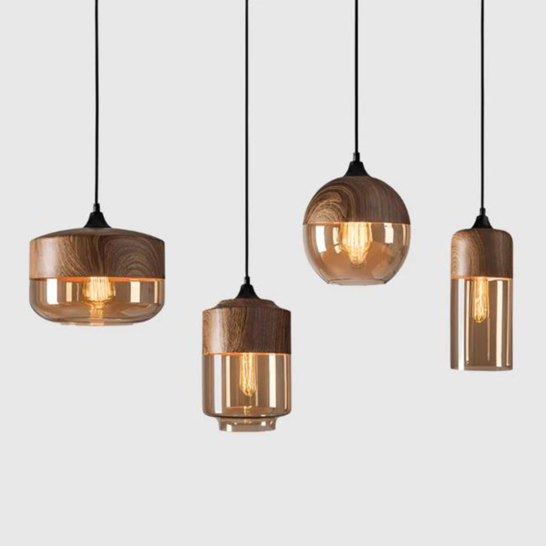 Scandinavische Hanglamp met Glazen Kap – Dimbaar Plafondlicht met Houtafwerking | Sansoti