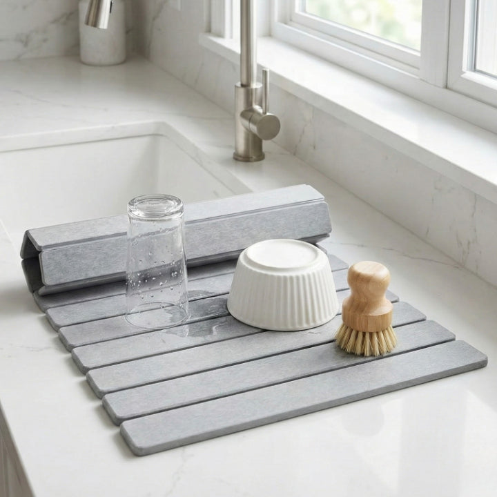 Droogmat van Diatomeeënaarde Opvouwbaar Wit Grijs Keuken Sneldrogend Afdruipmat voor Servies Glas Afdruiprek Waterabsorberend Natuursteen Werkbladmat | Sansoti