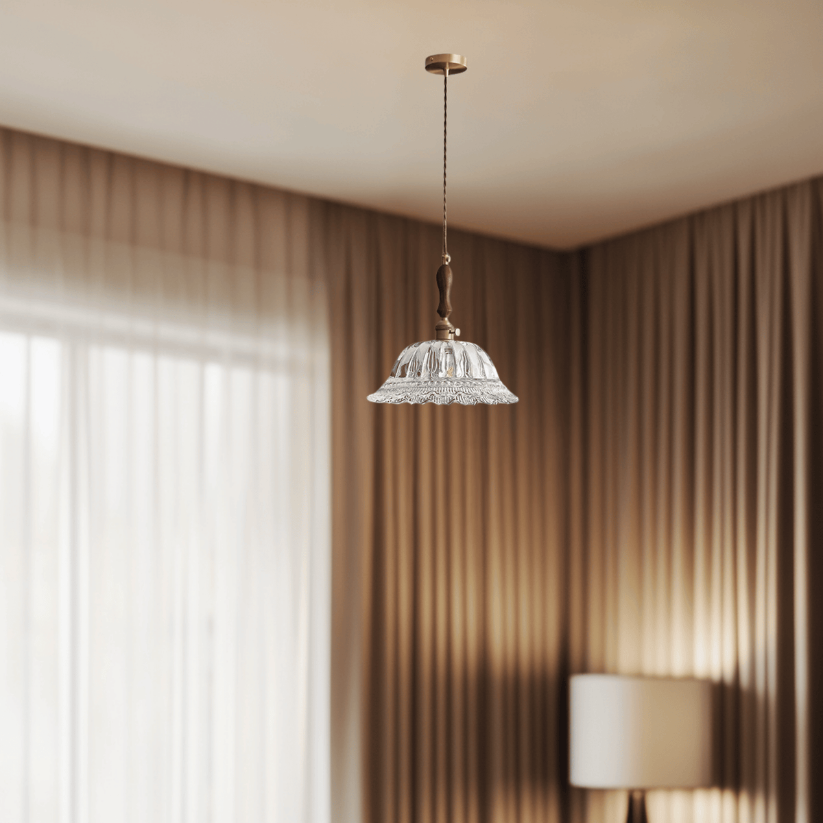 Suspension en noyer avec verre et laiton Éclairage d'ambiance pour salle à manger cuisine salon Style Vintage Rétro | Sansoti