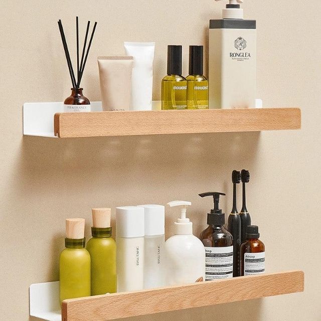 Wandrek Hout Badkamer Boorvrij Zelfklevend Houten Wandplank Keuken Badkamer Opbergplank Muurrek Organizer | Sansoti