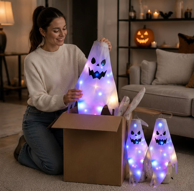 Moulin à vent fantôme lumineux 130cm à LED, décoration d'Halloween suspendue, éclairage extérieur pour jardin, décoration de fête | Sansoti
