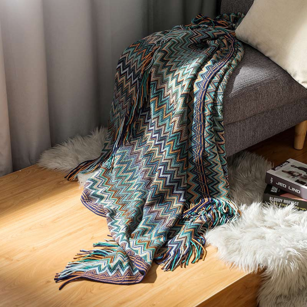 Knitted Throw with Zigzag Fringes – Soft Crochet Blanket for Sofa and Bed, All Seasons, Bohemian Style | Sansoti
