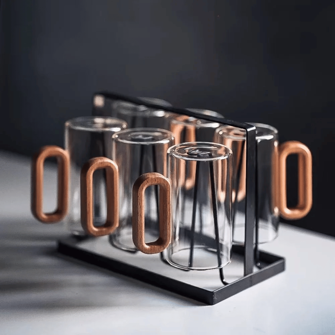 Glazen Mok met Houten Handvat 350ml Scandinavisch Design Thee Koffie Drinkbeker Handgemaakt Keukengerei | Sansoti