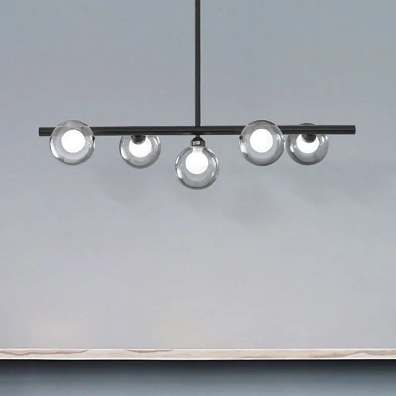Suspension linéaire en verre bullé, 5 ou 6 points lumineux, noir et doré, salle à manger, îlot de cuisine, style nordique scandinave | Sansoti