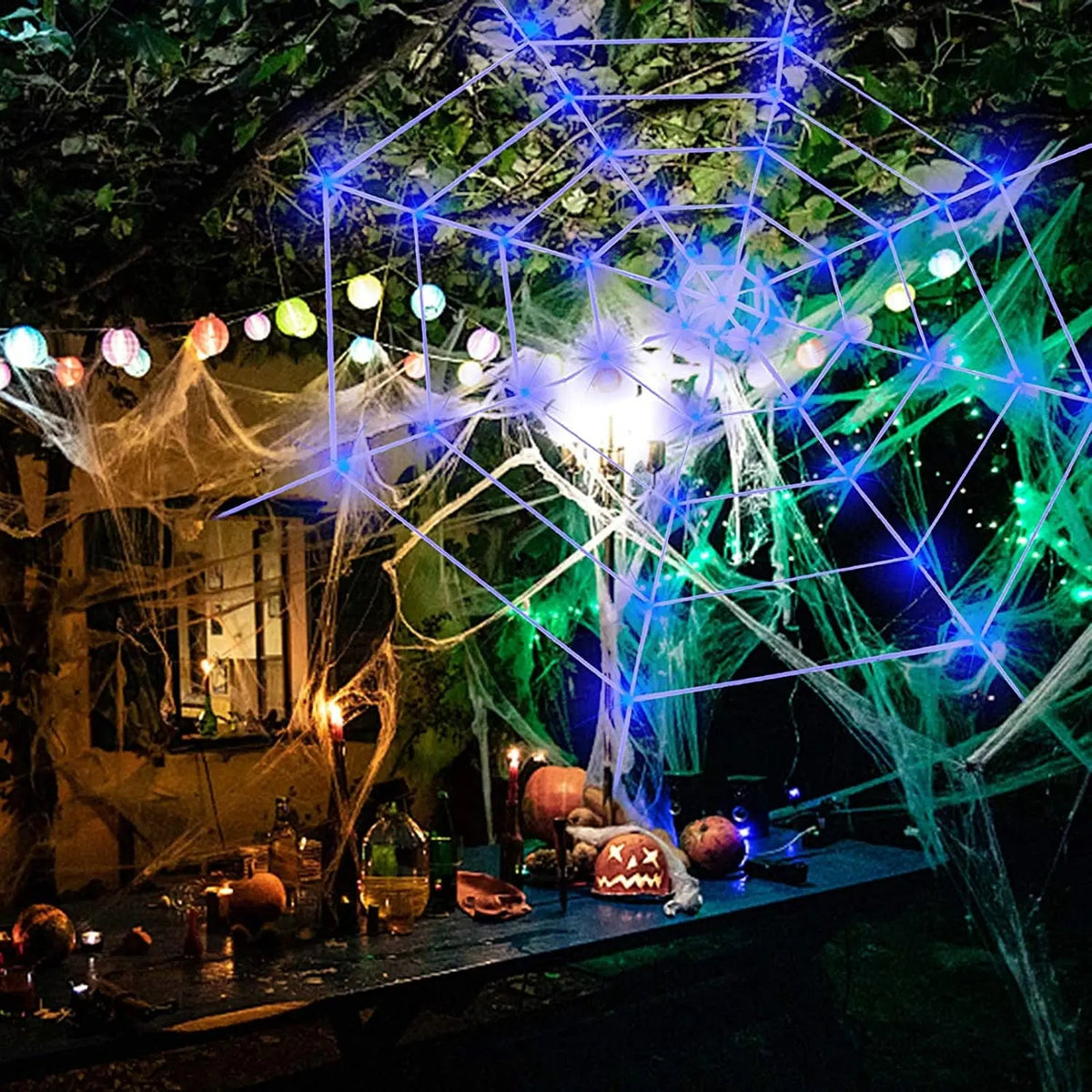 Gigantisch Spinnenweb met LED Paarse Verlichting 360 cm Diameter Halloween Decoratie Binnen Buiten Feest | Sansoti