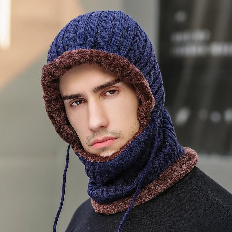 Knitted Balaclava Hat with Scarf Fleece Lined Winter Scarf Neck Warmer Ear Protector Unisex Winter Set | Sansoti