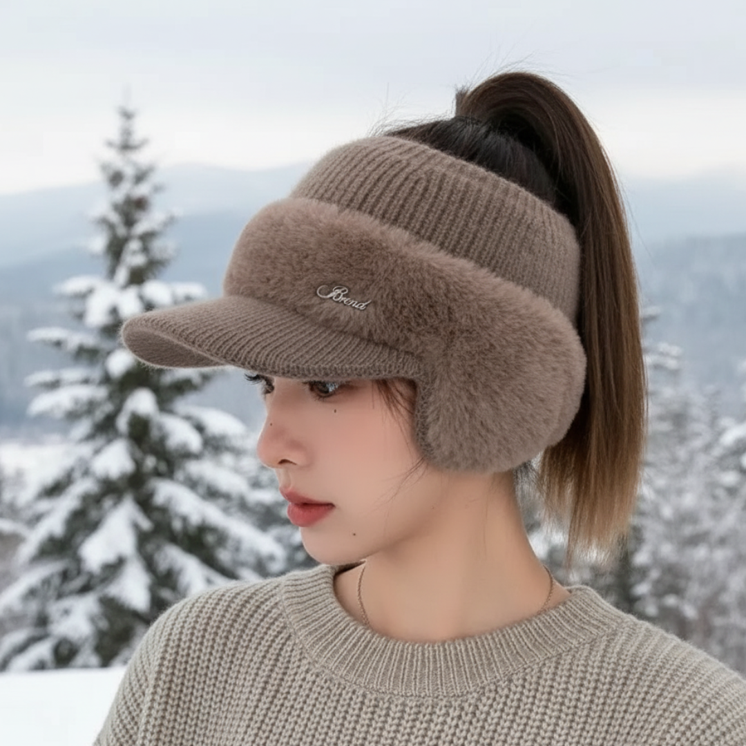 Gebreide Wintermuts met Oorflappen en Paardenstaartopening voor Dames Outdoor Wandelen Winter Sport Activiteiten | Sansoti