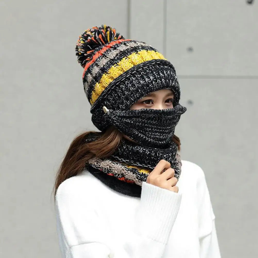 Knitted Hat and Scarf Set with Velvet Lining Removable Face Mask Winter Accessory Warm and Comfortable Women | Sansoti