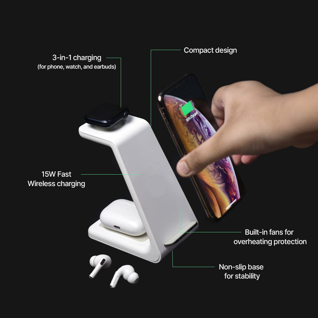 Station de recharge magnétique 3-en-1, chargeur rapide pour téléphone, montre connectée et écouteurs, recharge sans fil, noir blanc | Sansoti