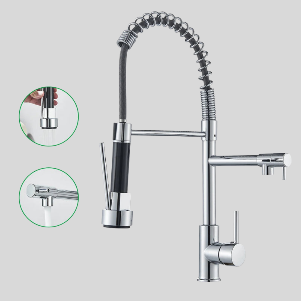 Robinet de cuisine extensible chromé à bec orientable, eau chaude et froide, douchette flexible, mitigeur de cuisine | Sansoti