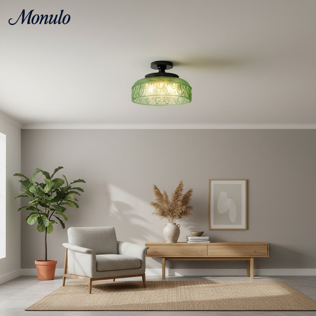 Geribbelde Glazen Plafondlamp met Metalen Armatuur – Minimalistische Verlichting voor Slaapkamer en Gang | Sansoti