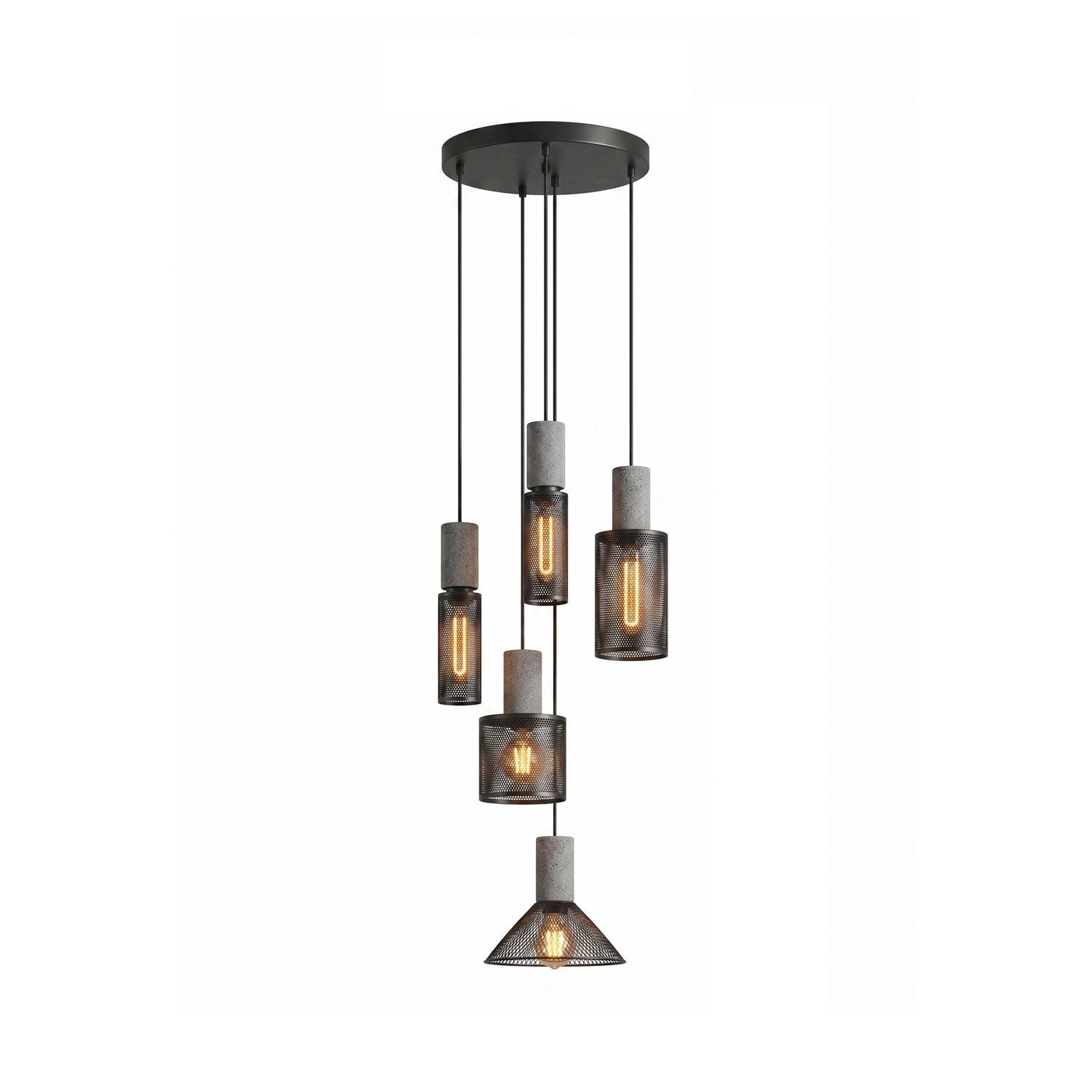 Industriële Hanglamp met Cement & Zwart Mesh — 6 Vormen | Sansoti