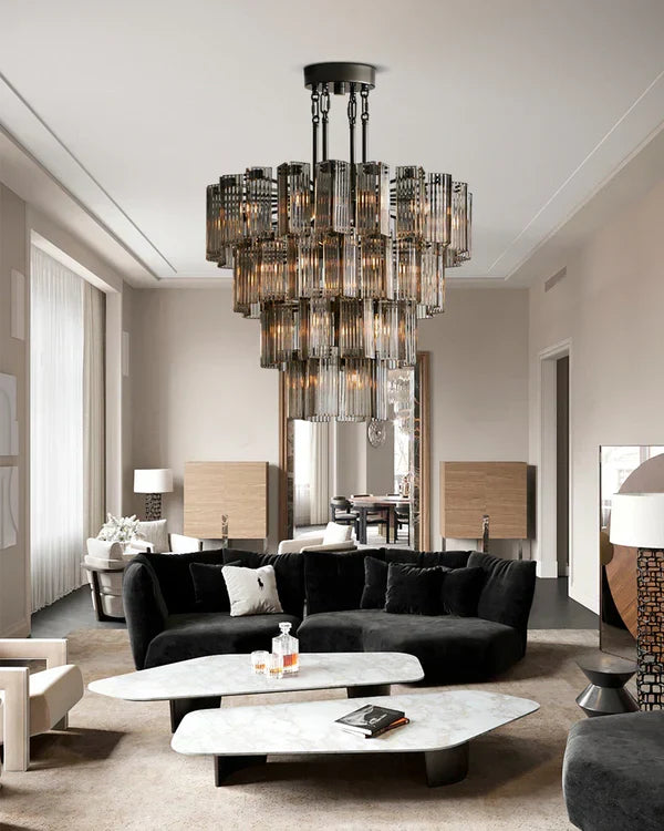 Okrągły żyrandol z ryflowanym szkłem i stalową ramą, 38–60 cm, lampa wisząca z wieloma źródłami światła do jadalni, na klatkę schodową, do sali balowej i salonu | Sansoti