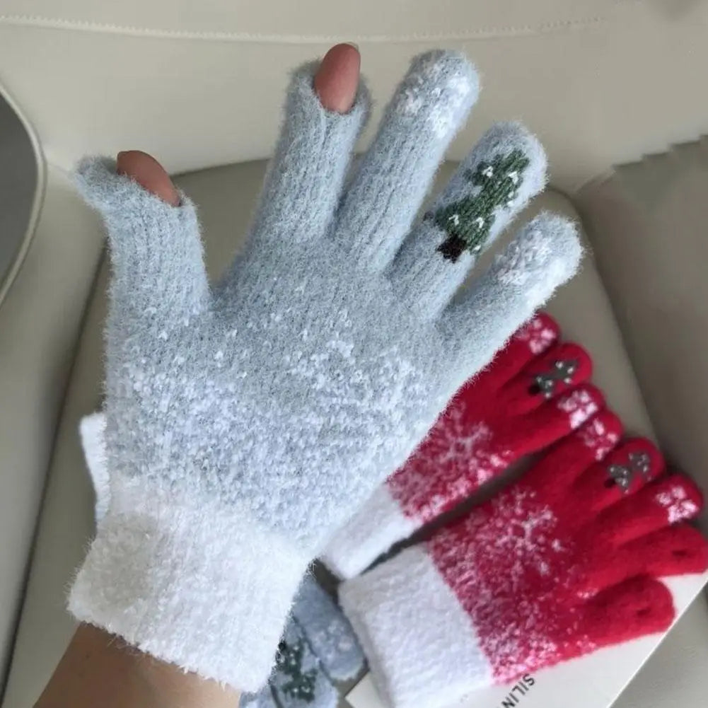 Convertible Knitted Fingerless Gloves Fleece-Lined Winter Mittens Warm Festive Women Men | Sansoti