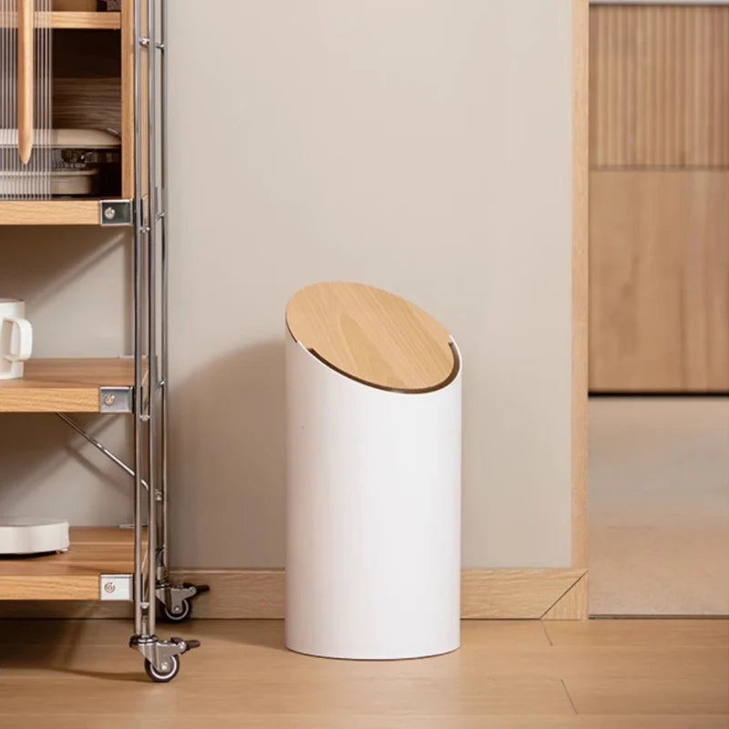 Japandi Trash Bin with Swing Lid – Walnut-Colored Wooden Finish and Minimalist Design – 9L Swing Trash Bin for Bathroom and Office | Sansoti