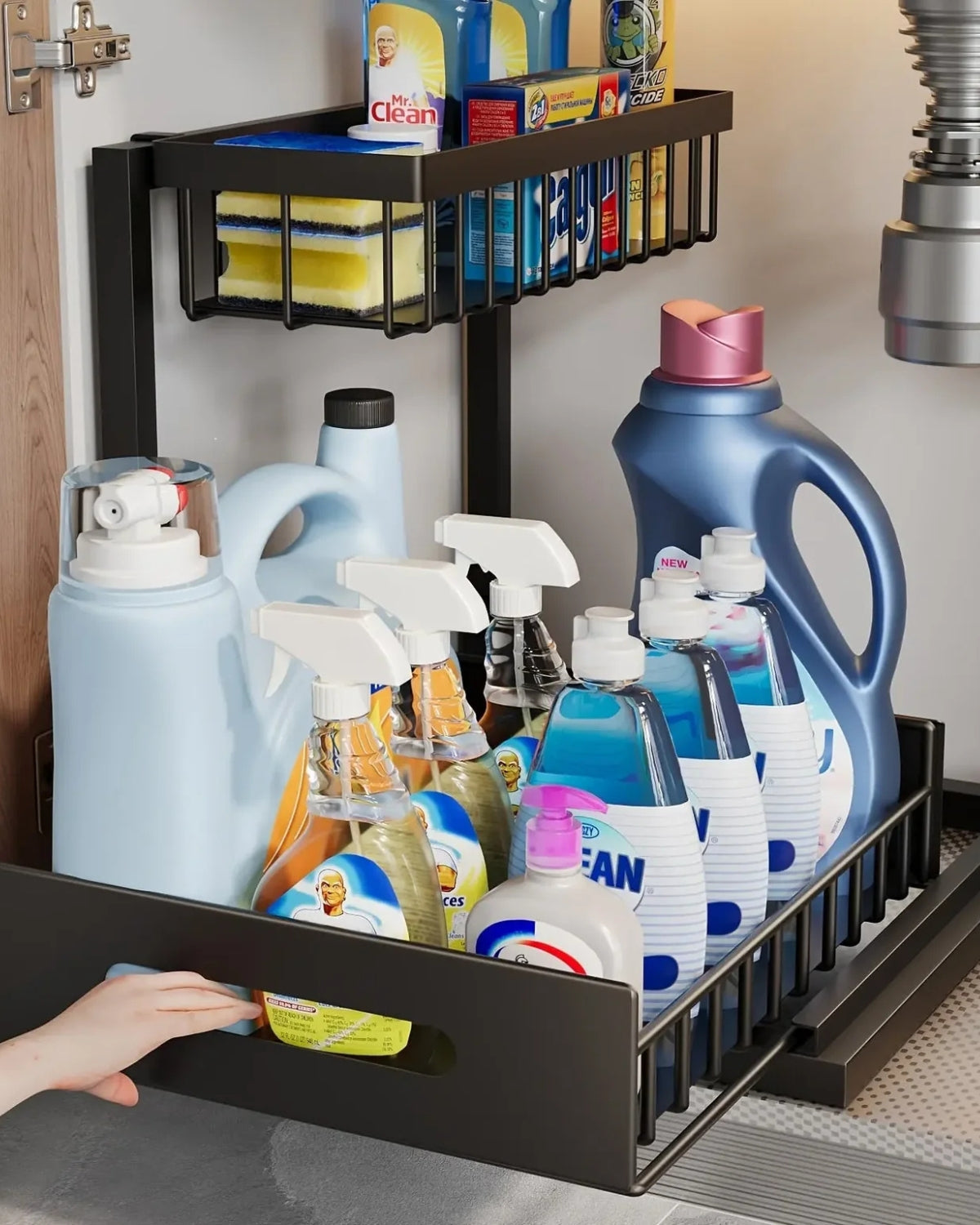 Uitschuifbare Kast Organizer Onder Wastafel Zwart Wit Twee Niveaus Keuken Badkamer Opbergsysteem Schoonmaakspullen Toiletartikelen | Sansoti