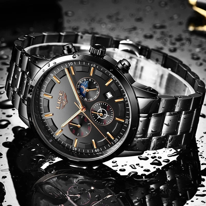 Steel Men's Watch Black – Elegant Design with Date & Day/Night – Waterproof 30M | Sansoti