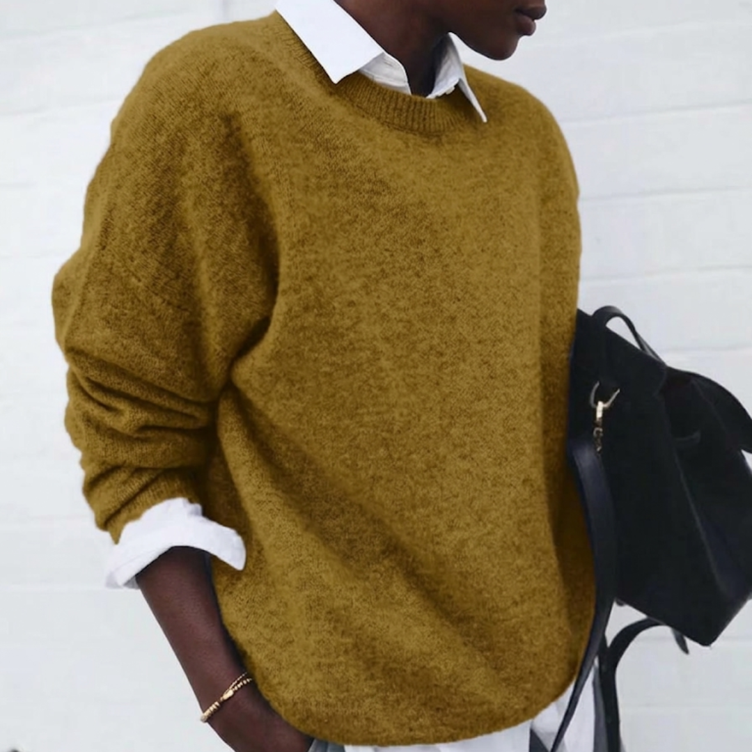 Gestrickter Damenpullover aus Polyester, lockere Passform, lange Ärmel, Rundhalsausschnitt, vielseitig, lässig, elegant, bequem | Sansoti