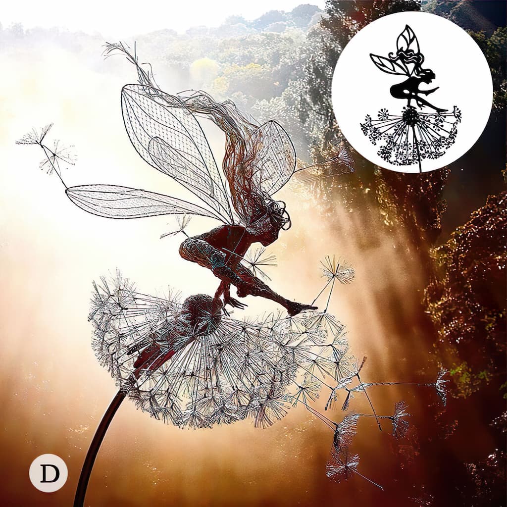 Ornement de jardin représentant une fée en silhouette avec pissenlit, en métal résistant aux intempéries, décoration pour massifs, bordures et pelouses | Sansoti