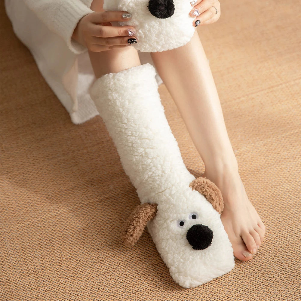 Plush house socks with dog motif for warm feet and legs, women's winter non-slip comfort socks, house socks | Sansoti