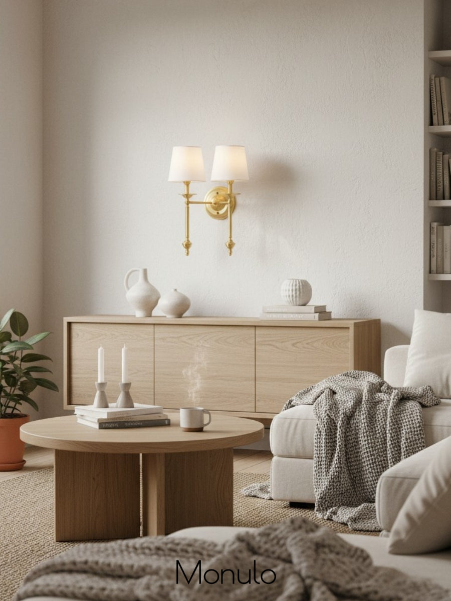 Stoffen Wandlamp met Vintage Koperen Afwerking – Sfeervolle Verlichting voor Hal, Slaapkamer en Woonkamer | Sansoti