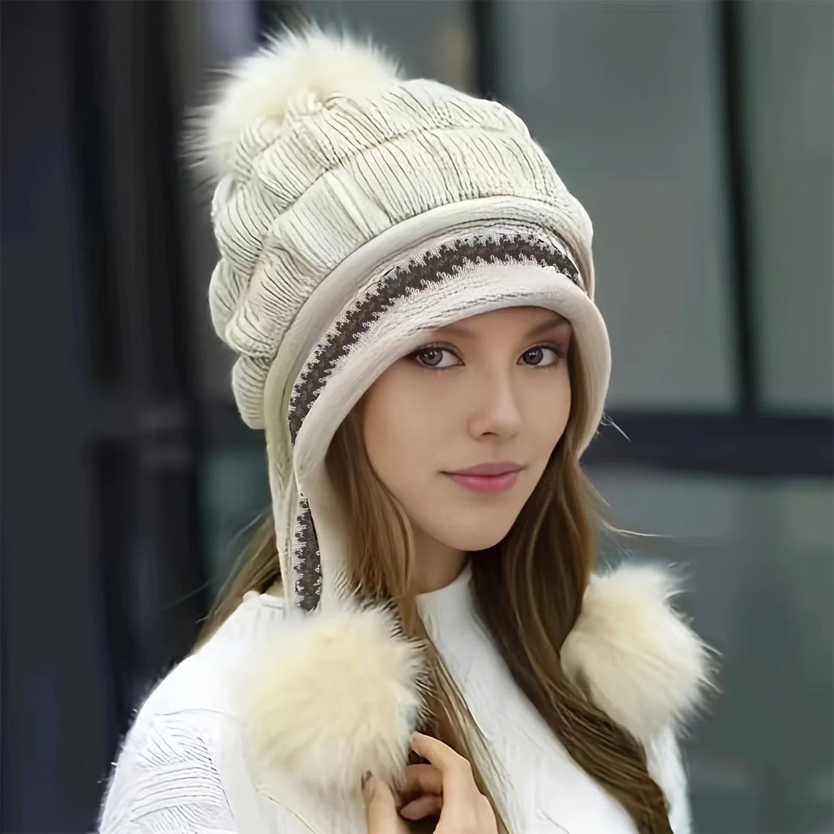 Lined Winter Hat with Faux Fur Pom-Pom and Ear Flaps, Knitted Beanie Ski Hat, Warm Women's Headwear | Sansoti