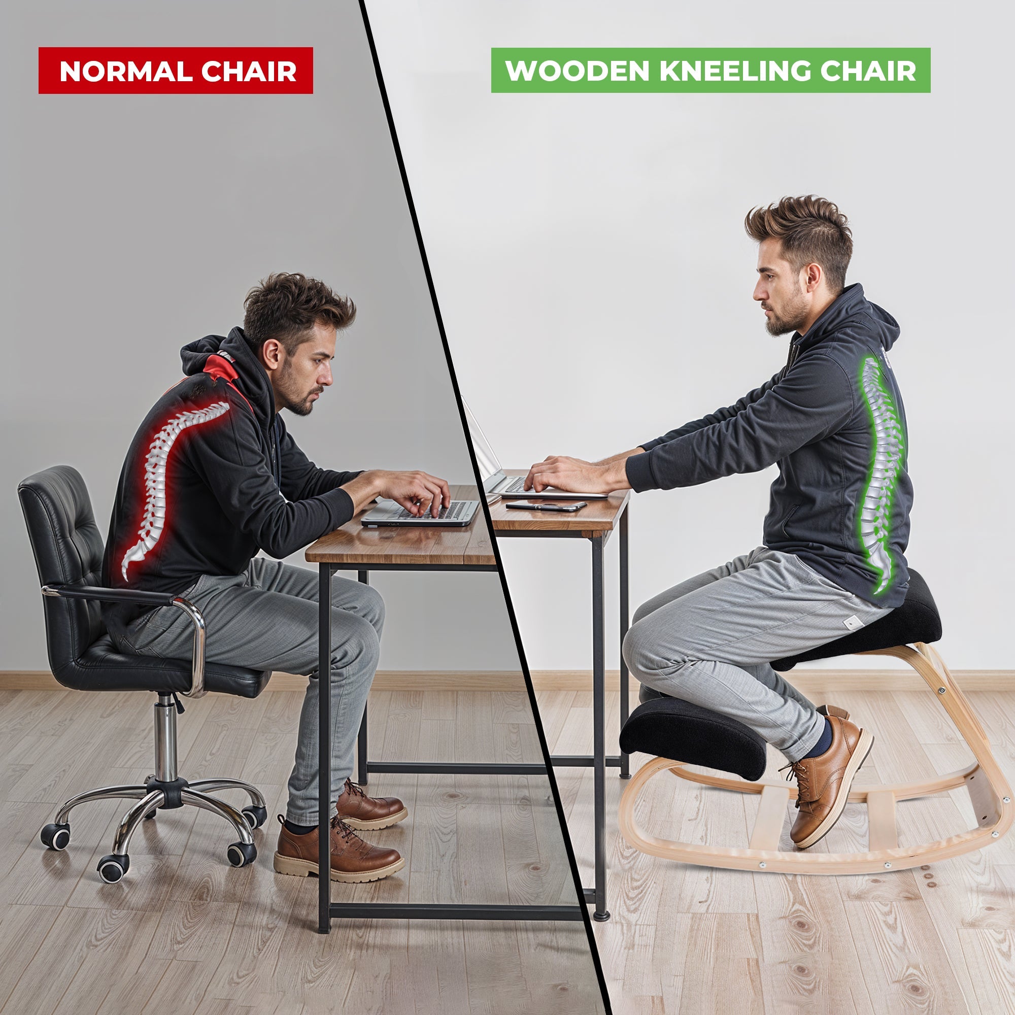 Ergonomische Houten Knielstoel met Schommelbasis en Memory Foam Kussens – Zwart Design | Sansoti