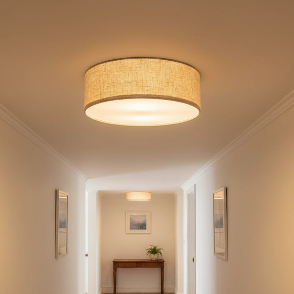 Linen ceiling lamp with drum shade, modern design, E27 socket, Scandinavian style, bedroom, living room | Sansoti