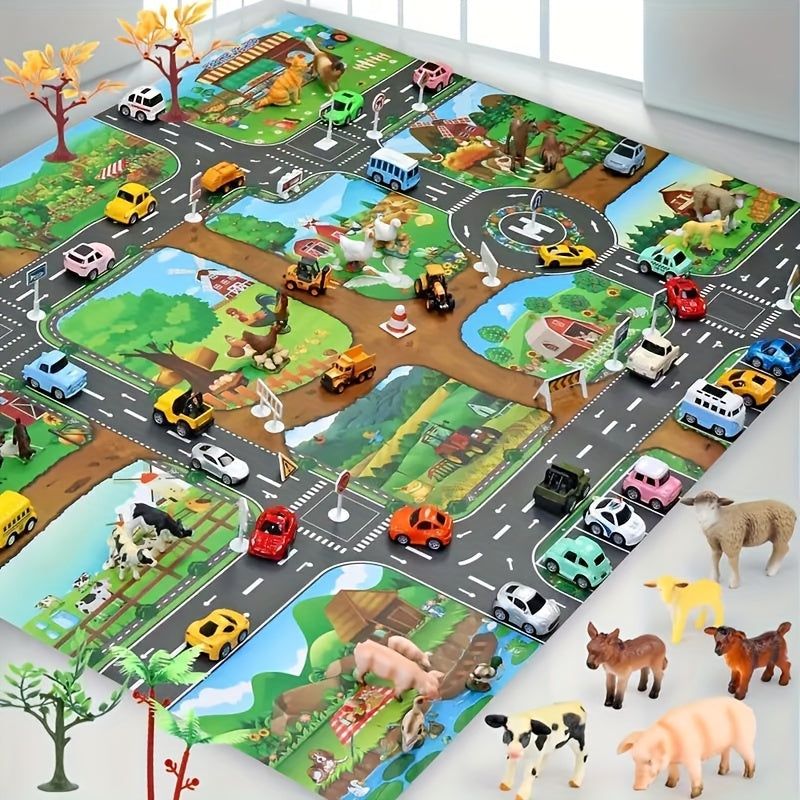 Tapis de Jeu Enfants 100x130cm Ferme Routes Antidérapant Tapis de Jeu Voitures Jouets Animaux Tapis Circulation Chambre Tapis | Restfield