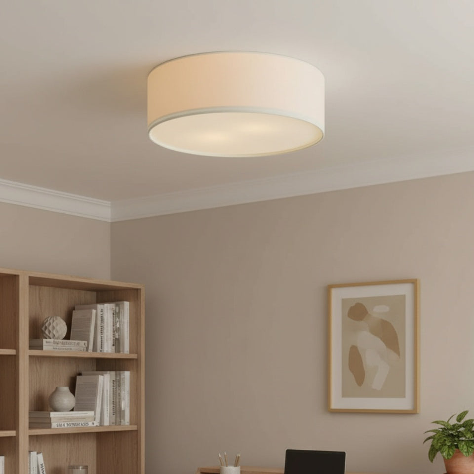 Linen ceiling lamp with drum shade, modern design, E27 socket, Scandinavian style, bedroom, living room | Sansoti