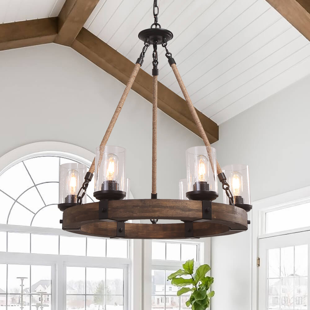 Round wooden chandelier, 6 lights, industrial black glass shades, adjustable hemp rope, living room, dining room | Sansoti