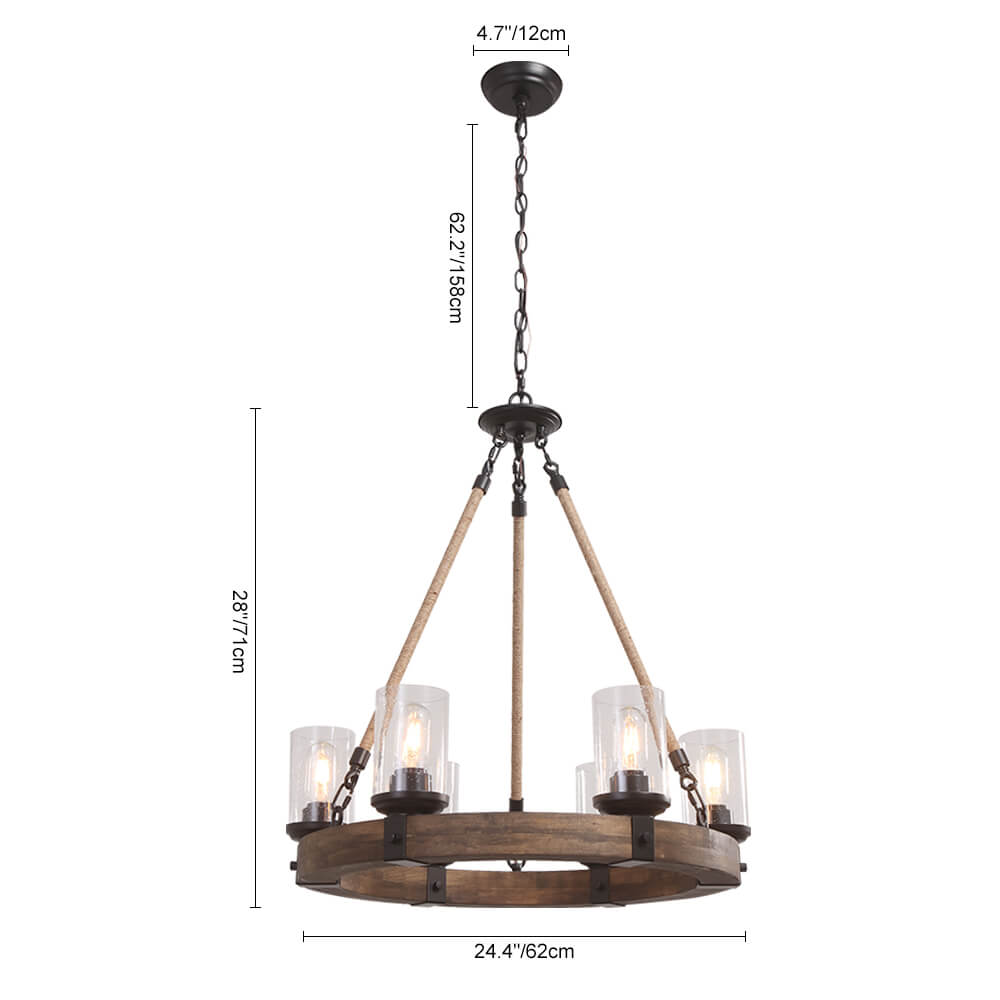 Round wooden chandelier, 6 lights, industrial black glass shades, adjustable hemp rope, living room, dining room | Sansoti