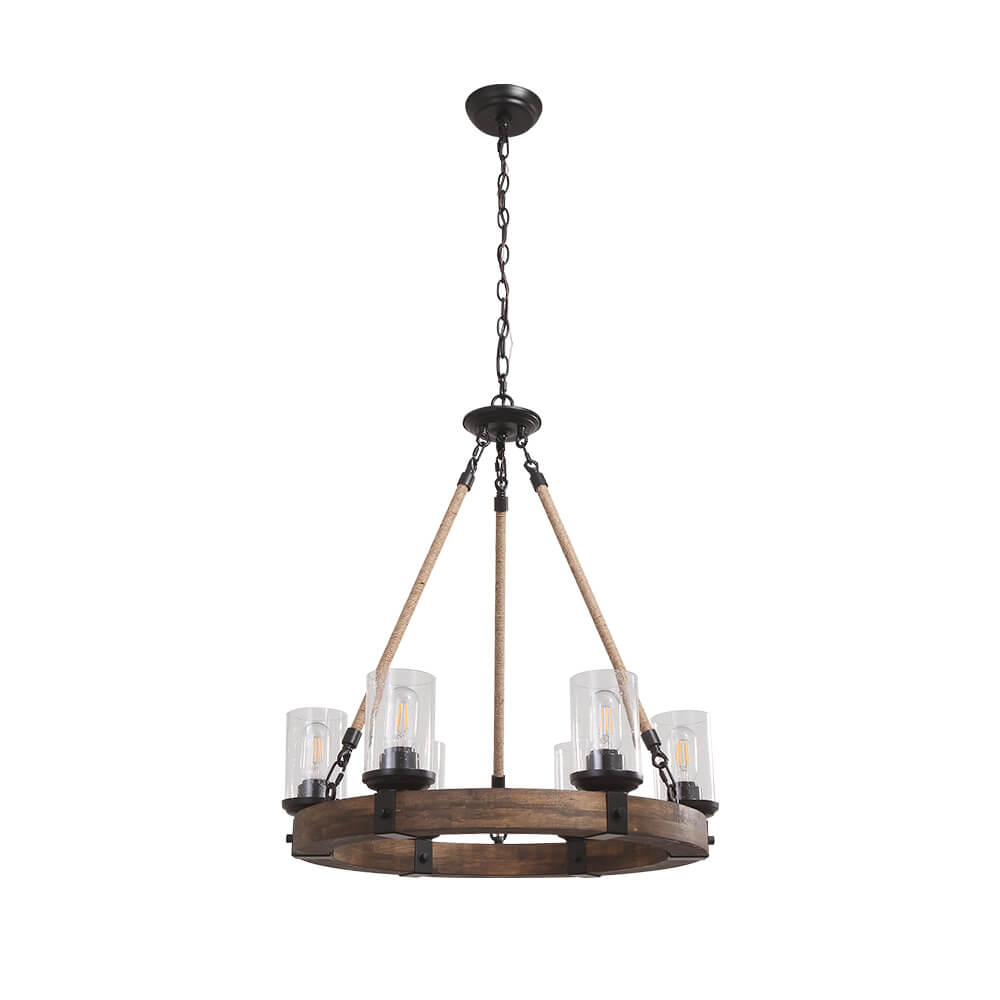 Round wooden chandelier, 6 lights, industrial black glass shades, adjustable hemp rope, living room, dining room | Sansoti