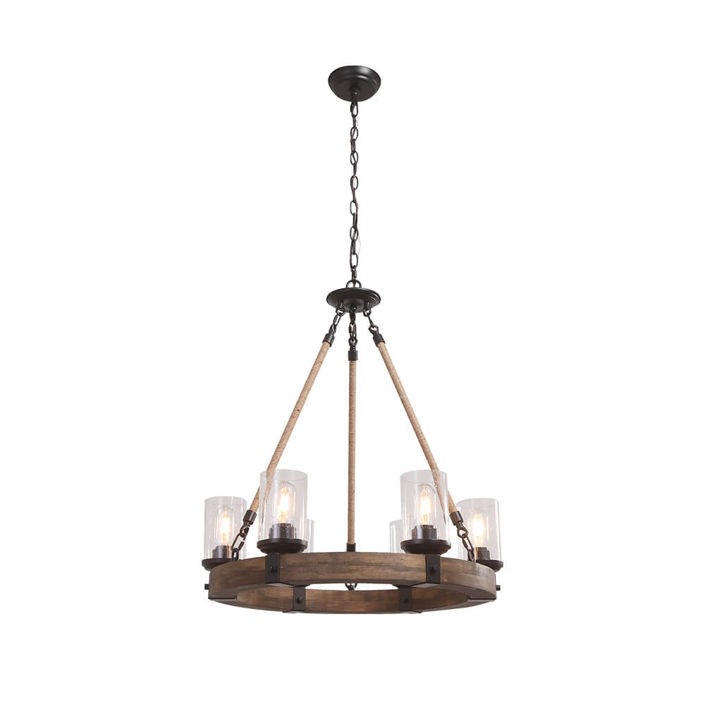Round wooden chandelier, 6 lights, industrial black glass shades, adjustable hemp rope, living room, dining room | Sansoti