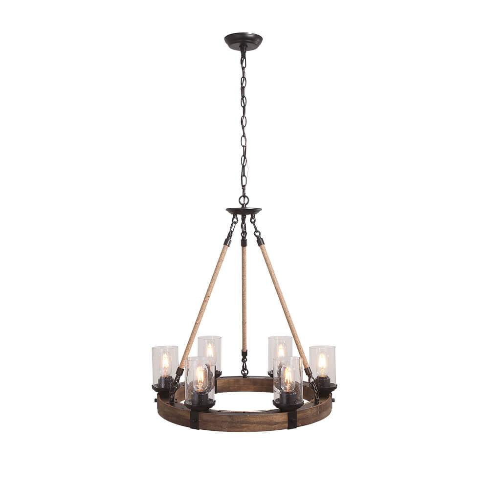 Round wooden chandelier, 6 lights, industrial black glass shades, adjustable hemp rope, living room, dining room | Sansoti