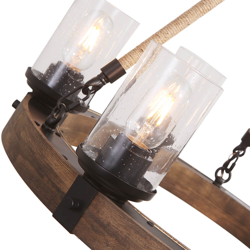 Round wooden chandelier, 6 lights, industrial black glass shades, adjustable hemp rope, living room, dining room | Sansoti
